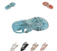 MAYNUO Sandal Women's Sandals Glitter Shoes Women's Summer Elegant Flat Rhinestone Sandals Outdoor Beach Open Toe T Bar Sling Back Elastic (Blue,40)