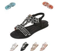MAYNUO Sandal Women's Sandals Glitter Shoes Women's Summer Elegant Flat Rhinestone Sandals Outdoor Beach Open Toe T Bar Sling Back Elastic (Black,39)