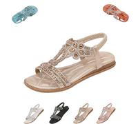 MAYNUO Sandal Women's Sandals Glitter Shoes Women's Summer Elegant Flat Rhinestone Sandals Outdoor Beach Open Toe T Bar Sling Back Elastic (Gold,39)