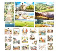 Mayplous Kit de Collage Vintage - 4 Paquetes de Pegatinas PET Paisaje + 16 Hojas de Papel Natural Retro, Temas Viaje, Camping, Campo, Ciudad para Scrapbooking, Junk Journal, Manualidades (Sunny)