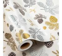 MAYPLUSS Rollo de papel de regalo de Navidad de lujo, 17 pulgadas x 33 pies, papel de regalo beige con cono de pino dorado y plateado, patrón de aguja, papel de regalo de motivo de invierno para