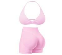 MAYROUND Conjuntos de entrenamiento para mujer, 2 piezas, brasier deportivo con tirantes halter, pantalones cortos ocultos, conjuntos de gimnasio, trajes de yoga, chándal sin costuras, rosa, S