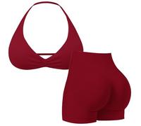 MAYROUND Conjuntos de entrenamiento para mujer, 2 piezas, sujetador deportivo halter con tirantes, pantalones cortos fruncidos en glúteos, conjuntos de gimnasio, conjuntos de yoga, chándal sin