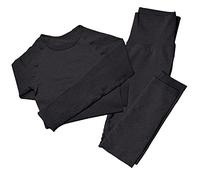Mayround Conjuntos de yoga sin costuras para mujer de 2 piezas acanaladas | Top de manga larga y leggings de cintura alta conjunto de ropa de gimnasio | Conjunto de ropa deportiva para mujer, Negro