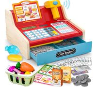 maysida Caja registradora de Madera para niños 3-5 años con escáner y Sonido, Incluye Monedas, Tarjeta, Cesta y Comida de Juguete. Regalo Ideal para cumpleaños y Navidad (Azul)