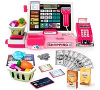maysida Caja registradora para niños, Juguete, para niños pequeños, con calculadora Real, Caja registradora con escáner/Tarjeta de crédito/Dinero de Juguete/Alimentos, Rosa