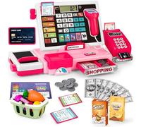 maysida - Caja registradora para niños, juguete, para niños pequeños, con calculadora real, caja registradora con escáner/tarjeta de crédito/dinero de juguete/alimentos, color rosa