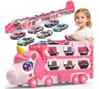 maysida Juego de Camiones de Transporte Auto Juguete para Niñas Edad 3 4 5 6, Camión de Carreras de Unicornio con 6 Automóviles de Carrera, Camión Transportador de Autos con Autos Juguete para Niños