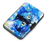 Mayski Portatarjetas de crédito, bloqueo RFID, funda rígida de aleación de aluminio, pequeña cartera de metal para mujeres y hombres, Gato azul, 4.3 inches x 2.7 inches x 0.8 inches, Casual