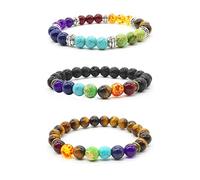 Mayting 3 unids pulsera de piedra natural ojo de tigre pulsera de lava de Reiki encanto Chakra hombres mujeres pulsera, 7 pouces, Piedra, Ojo de tigre