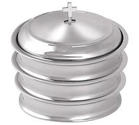 Mayur Exports Juego de bandejas de comunión para iglesia, 3 bandejas de comunión apilables con tapa para iglesias, bandeja de acero inoxidable con disco de 40 agujeros, acabado brillante (espejo)