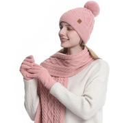 MAZELIKEHOOD - Conjunto de bufanda, guantes de bufanda caliente, gorro y mitones para invierno, Navidad, para mujer, rosa, Talla única