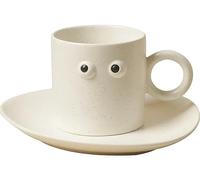 Mazeology Taza de café de cerámica con ojos saltones de dibujos animados con pecas y platillo a juego nos recuerda que el universo es mucho más grande de lo que te das cuenta y puedes estar a la