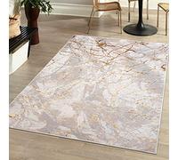 Mazovia Alfombra Moderno - Diseño Moderno de Salón Grande - Pelo Corto - Alfombras de Habitación de Matrimonio, Dormitorio y Comedor - Motivo Resumen Mármol - Beige Crema con Oro 160x230 cm
