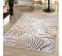 Mazovia Alfombra Moderno - Diseño Moderno de Salón Grande - Pelo Corto - Alfombras de Habitación de Matrimonio, Dormitorio y Comedor - Motivo Pluma de Palmera - Beige Crema con Oro 200x300 cm