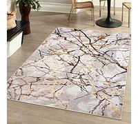 Mazovia Alfombra Moderno - Diseño Moderno de Salón Grande - Pelo Corto - Alfombras de Habitación de Matrimonio, Dormitorio y Comedor - Motivo Resumen Mármol - Beige Crema con Oro 140x200 cm