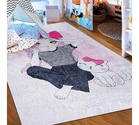Mazovia Alfombra Salon - Lavable Alfombra Impresa - Alfombra Salon Pelo Corto - Alfombras de Habitacion - Antideslizante Alfombra Emma - Alfombra Bebe Niñas y Gato Motif - Rosa Pink Gris 160x230cm