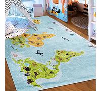 Mazovia Alfombra Salon - Lavable Alfombra Impresa - Alfombra Salon Pelo Corto - Alfombras de Habitacion - Antideslizante Alfombra Emma - Alfombra Bebe Mapa del Mundo - Azul 140x200cm