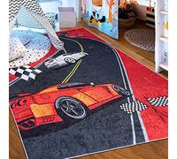 Mazovia Alfombra Salon - Lavable Alfombra Impresa - Alfombra Salon Pelo Corto - Alfombras de Habitacion - Antideslizante Alfombra Emma - Alfombra Bebe Coche de Carreras - Rojo Negro 80x150cm