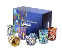 MAZZEGA ART & DESIGN - 6 vasos cilíndricos arrugados Classic, de vidrio soplado, trabajado a mano, con Murrine de Murano, línea "I Colori di Murano" 400 ml. Made in Italy (6, MIX-SR)