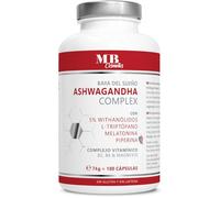 MB COSMETICS Ashwagandha Cápsulas Alta Dosis - 180 cápsulas veganas con extracto de raíz, 5% withanólidos, L-triptófano, melatonina, magnesio, B2 y B6 - para dormir y relax - Made in Germany