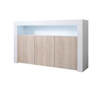 MB Muebles Bonitos, Aparador Aker con Luz LED y 3 Puertas para Salón Comedor, Mueble TV de Melamina, Color Blanco Brillo y Sonoma Mate, 155x91,5x37 cm