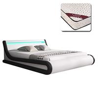 MB Muebles Bonitos, Cama de Matrimonio Parisina con Colchón de 150x190 cm, Luz LED, Canapé Abatible, Somier de Láminas, Estructura de Madera tapizada en Polipiel, Color Blanco y Negro