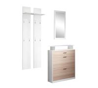 MB Muebles Bonitos, Conjunto Recibidor Paola Set con Zapatero, Espejo, Perchero, Luz LED, Diseño Moderno, Melamina Brillo y Mate, Color Blanco y Sonoma