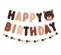 MBAIYO Cartel de oso feliz cumpleaños, juego de decoración de cumpleaños con temática de animales, kit de letras colgantes con bolas de pompón, decoración de oso marrón para suministros de fiesta