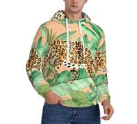 MBCbjg Sudadera informal con capucha para hombre con estampado de leopardo y hojas de palma, forro polar fino, manga larga, holgada, con bolsillo y cordón cómodo para entrenamiento, Negro, M