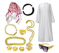 Mbiyhgta Bata blanca con pañuelo en la cabeza - kit de accesorios de túnica blanca jeque, accesorios para carnaval, fiestas de Halloween y fiestas temáticas