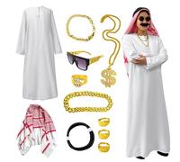 Mbiyhgta Juego de disfraces árabes para hombres: kit de accesorios de túnica blanca de jeque, accesorios de vestir para carnaval, fiestas de Halloween y fiestas temáticas