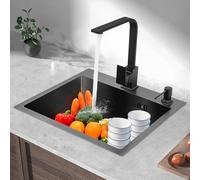 MBUYI Fregadero de cocina rectangular de acero inoxidable, 45 x 40 cm, color negro, con grifo, 1 lavabo individual, fregadero empotrable, incluye todos los accesorios para el montaje