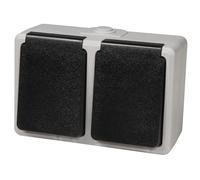 MC POWER Enchufe de pared para ambientes húmedos, 2 enchufes, doble enchufe para exteriores, horizontal, 250 V ~/16 A, IP44, marco gris, tapa de resorte negra