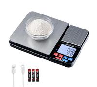 Mcbazel Báscula digital de cocina con doble plataforma, recargable, báscula de precisión 10 kg/1 g y 500 g/0,01 g, USB y batería, acero inoxidable, incluye función PCS y tara, color plateado
