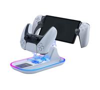 Mcbazel Base de Carga para PS Portal Remote Player y Controlador PS5, Soporte de Carga Portátil con 14 Modos de Luces RGB para Consola PS Portal Remote Player/Controlador PS5