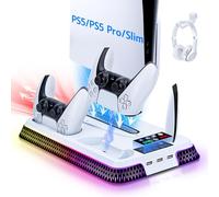 Mcbazel Estación de Carga y Enfriamiento para PS5, Soporte de Enfriamiento RGB Ajustable a 3 Velocidades, Cargador de Controlador PS5 con Gancho para Auriculares para PS5 Pro/PS5 Slim/PS5 Consola 2024