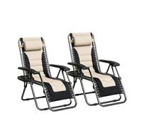 mcc direct Zero Gravity - Juego de 2 tumbonas Oxford acolchadas, ajustables y plegables, con soporte para bebidas y almohada, para jardín y exterior, color negro y crema