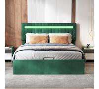 MCDSAJ Base de cama de plataforma tamaño matrimonial/queen, cama tapizada de terciopelo con cabecera capitoné vertical, respaldo cómodo con cama de almacenamiento elevable, soporte de listones de