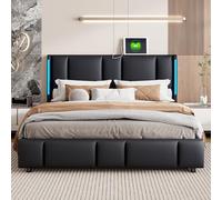 MCDSAJ Base de cama tapizada de piel sintética negra, marco de cama doble con cómoda cabecera gruesa y cómoda, cama de almacenamiento elevable, soporte de listones de madera maciza (140 x 200 cm)