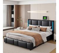 MCDSAJ Base de cama tapizada de piel sintética negra, marco de cama doble con cómoda cabecera gruesa y cómoda, cama de almacenamiento elevable, soporte de listones de madera maciza (160 x 200 cm)
