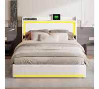 MCDSAJ Base de cama tapizada de tamaño matrimonial, respaldo cómodo con estación de carga, cama de almacenamiento elevable, marco de cama doble iluminado, soporte de listones de madera maciza (blanco,