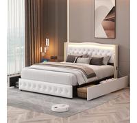 MCDSAJ Base de cama tapizada, respaldo de ala cómodo con botones y estación de carga, marco de cama de plataforma con cajones de almacenamiento, soporte de listones de madera maciza (140 x 200 cm)