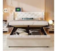 MCDSAJ Cama de plataforma tapizada, base de cama de almacenamiento con cabecera capitoné con botones, marco de cama de tamaño matrimonial con luces de lectura, soporte de listones de madera maciza,