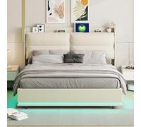 MCDSAJ Cama de plataforma tapizada de 160 x 200 cm, marco de cama de almacenamiento elevador con respaldo cómodo y estación de carga, marco de cama tamaño matrimonial/queen con LED, soporte de