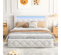 MCDSAJ Cama de plataforma tapizada, marco de cama con cabecera capitoné con botones, marco de cama tamaño matrimonial con luces LED, soporte de listones de madera maciza, no necesita somier, color