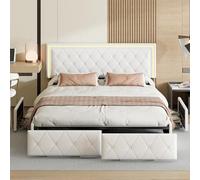 MCDSAJ Cama tapizada de piel sintética tamaño matrimonial/queen con LED, base de cama tapizada, marco de cama doble con cabecero y 4 cajones de almacenamiento, soporte de listones de madera maciza