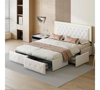 MCDSAJ Cama tapizada de piel sintética tamaño matrimonial/queen con LED, base de cama tapizada, marco de cama doble con cabecero y 4 cajones de almacenamiento, soporte de listones de madera maciza