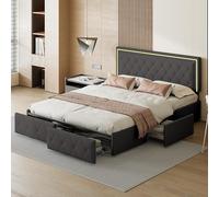 MCDSAJ Cama tapizada de piel sintética tamaño matrimonial/queen con LED, base de cama tapizada, marco de cama doble con cabecero y 4 cajones de almacenamiento, soporte de listones de madera maciza