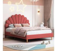 MCDSAJ Cama tapizada de tamaño matrimonial, marco de cama doble con cabecera similar a pétalos, base de cama tapizada de terciopelo, patas de metal, soporte de listones de madera (clarete)